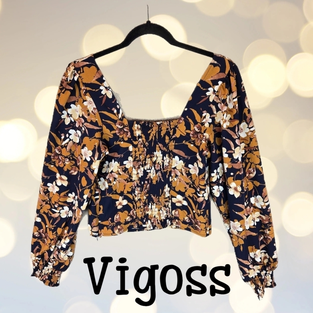 Vigoss Womens Summer Crop Top Long Sleeve Smoked Cuffs Side Zip Floral Browns